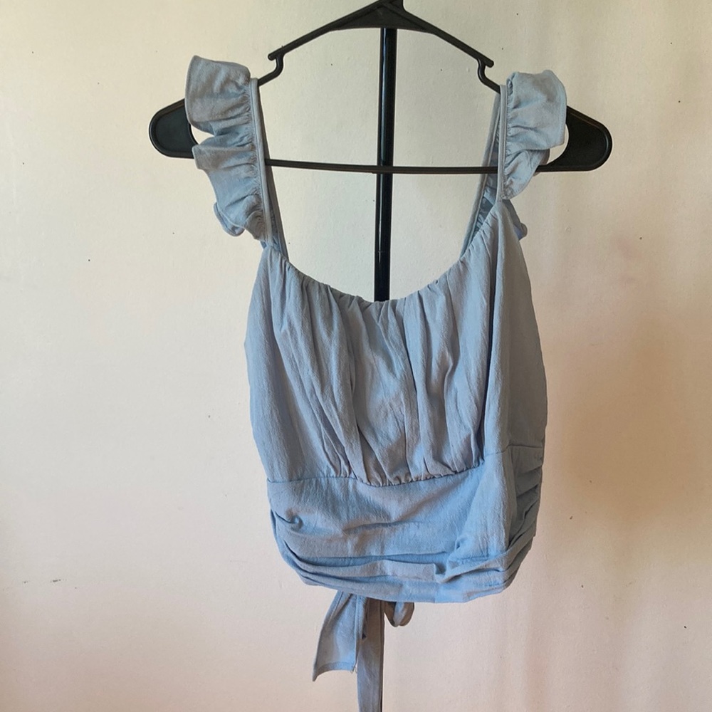 Blue L Milk & Honey crop top with ruffles straps and tie back